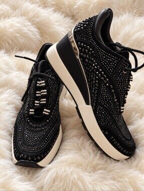 The WISHBONE COLLECTION Black Crystal Embellished Platform Sneakers Size 9W